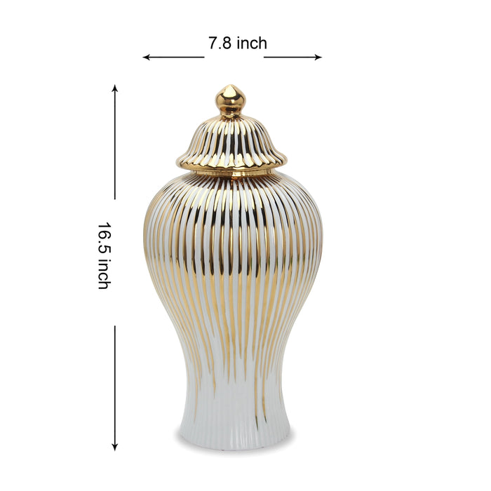 White Ceramic Ginger Jar Vase with Gold Accent