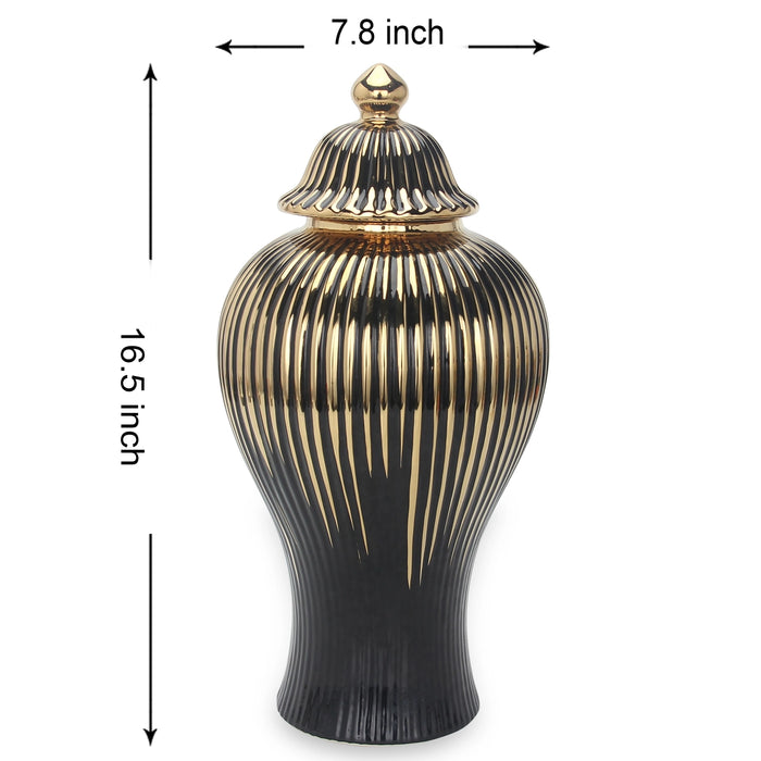 Black Ceramic Ginger Jar Vase with Gold Accent