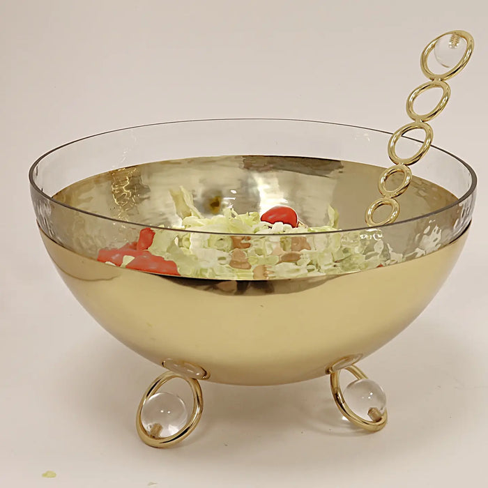 Salad Bowl with Glass Insert Gold and Clear Ball Legs - 11"D