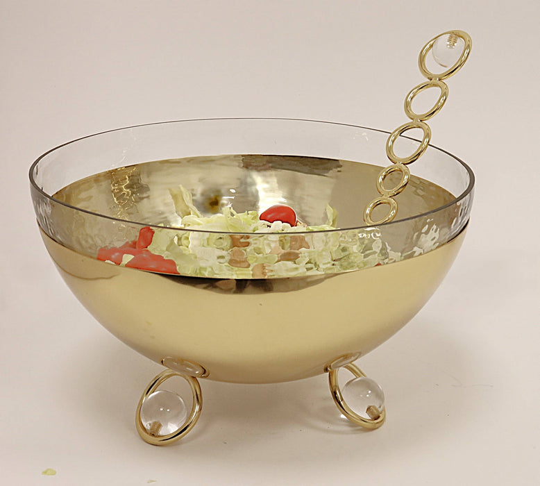 CLASSIC TOUCH DECOR INC. - Salad Bowl with Glass Insert Gold and Clear Ball Legs - 11"D