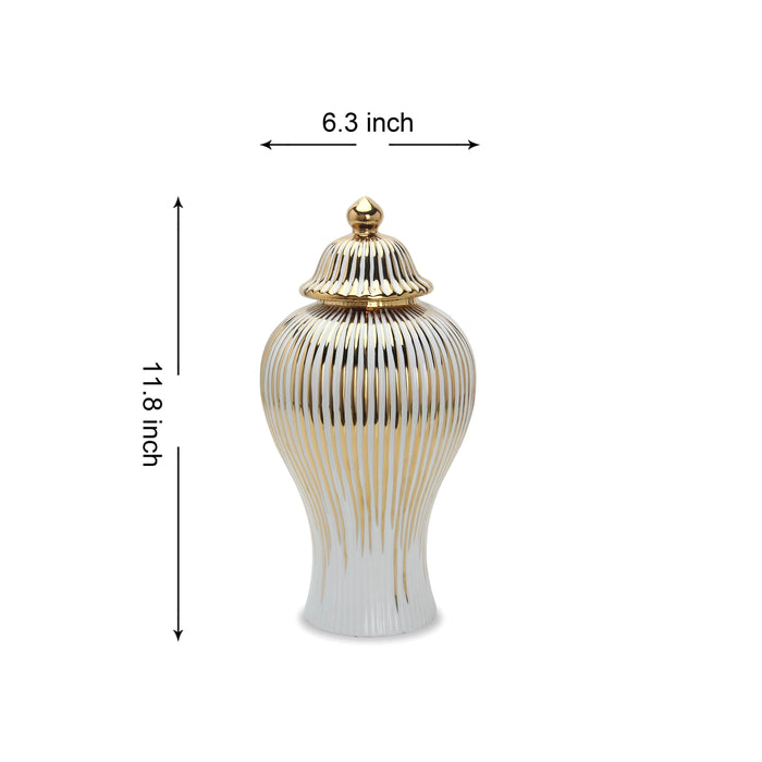 White Ceramic Ginger Jar Vase with Gold Accent