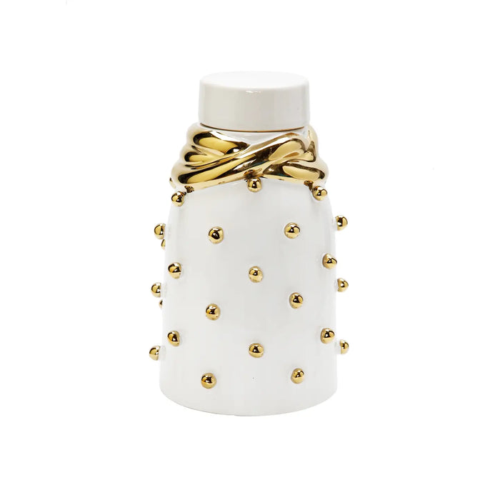 White Ceramic Jar with Gold Elegant Detail and Studded