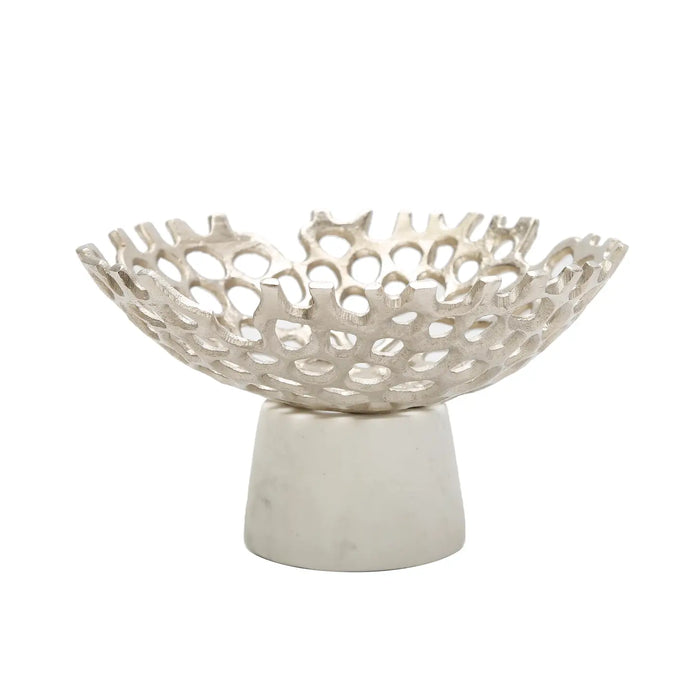 Silver Web Design Bowl On White Marble Base 9.5"
