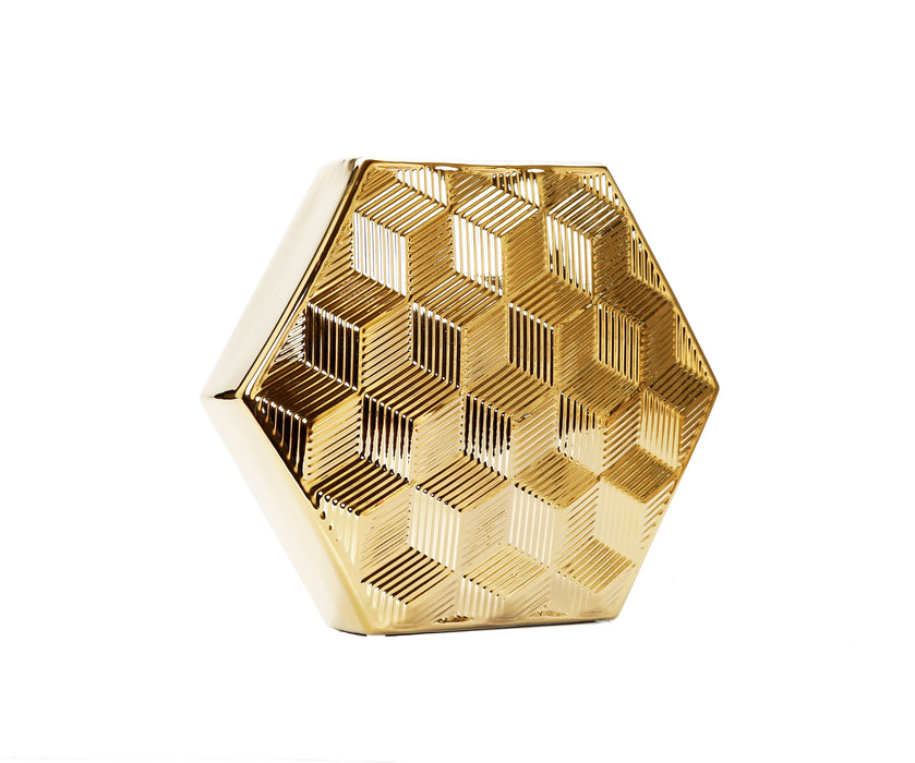 VIVIENCE - 12.5"H Gold Hexagon Shaped Vase
