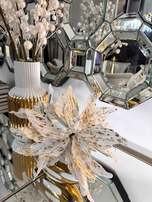 White & Gold Velvet Floral Pick, 10"