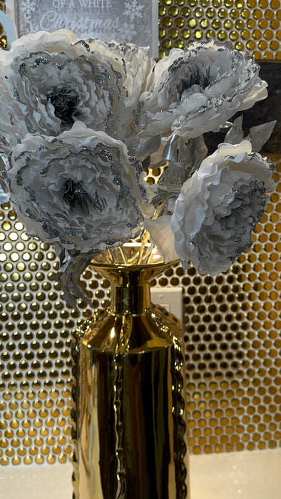 White Silver Glittered & Sequin Peony Floral Stem, 25.5"