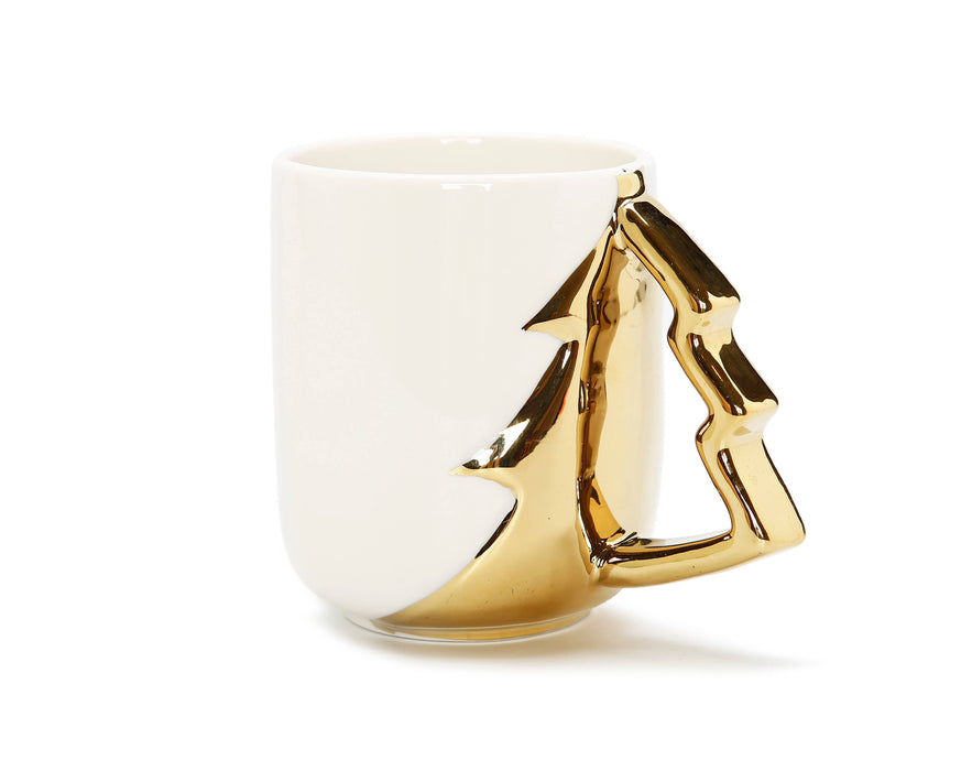 VIVIENCE - White Coffee Mug With Gold Christmas Tree Handle, 19 oz
