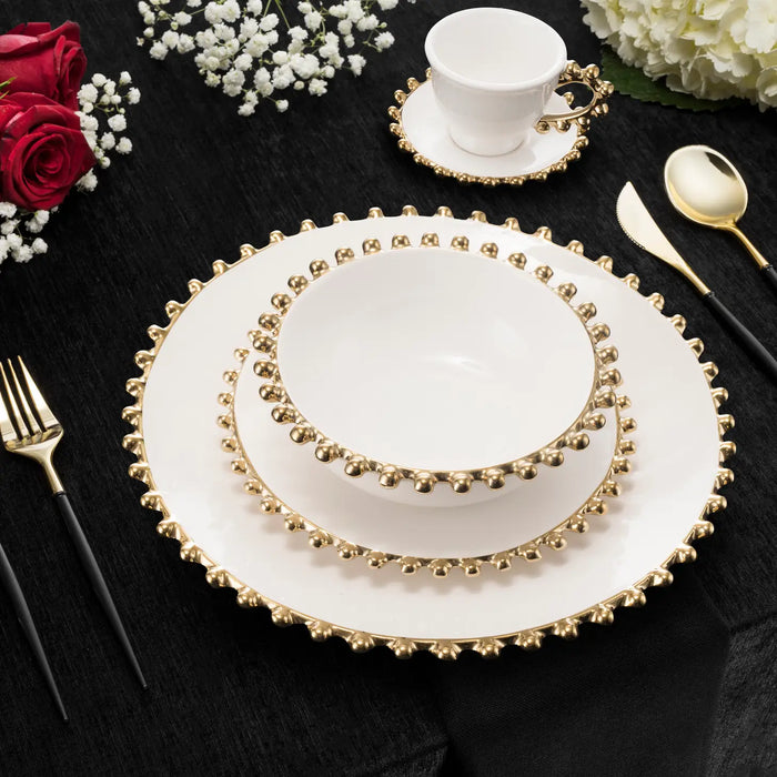 5 Piece White Dinner Set Gold Beaded Border