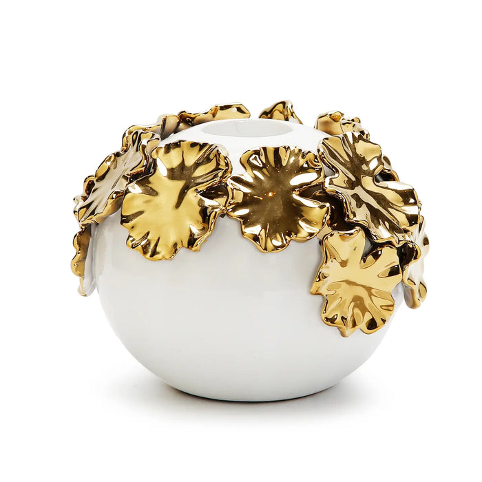 White Ceramic Candle Holder Gold Flower Design