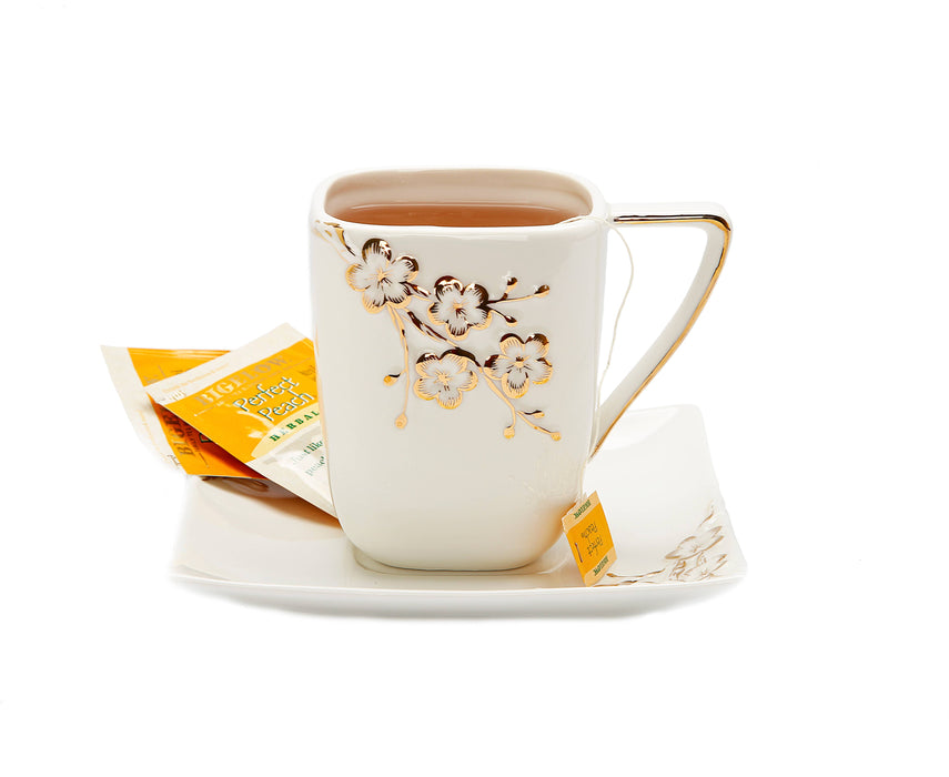 White Square Tray and Mug with Gold Floral Artwork Design