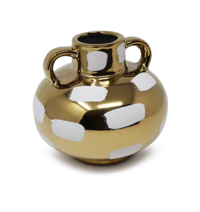 Gold Vase with White Brushstroke Design with Handles: Small