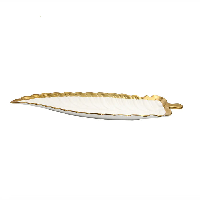 White Porcelain Leaf Dish with Gold Rim 18.25"L