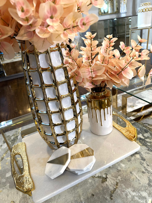 Short White Jar with Gold Cover and Drip Design
