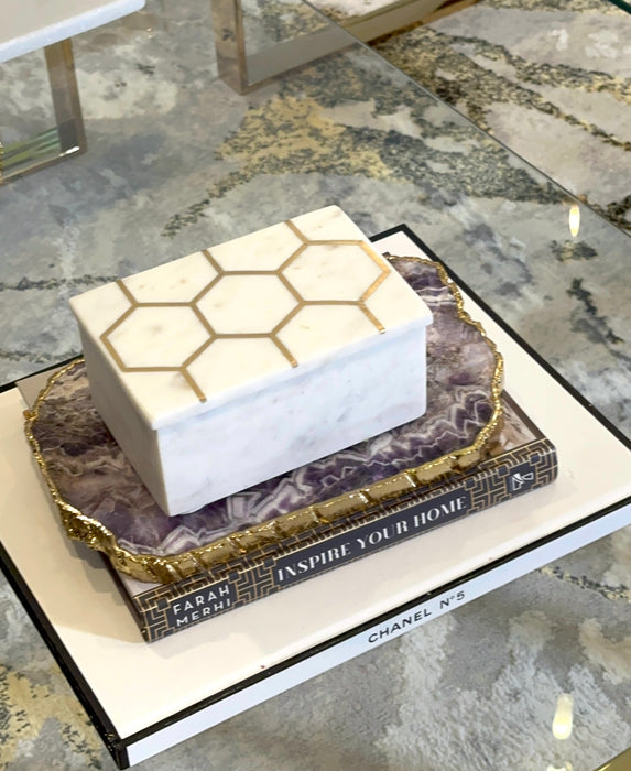 White Marble Decorative Box w/ Gold Hexagon Design on Cover