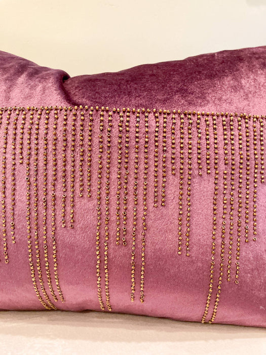 Plum Velvet Pillow Cover with Gold/Copper Beads 14"x20"