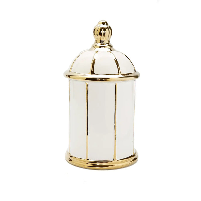 White Jar with Round Dome Cover Thin Gold Stripe Design 12"H