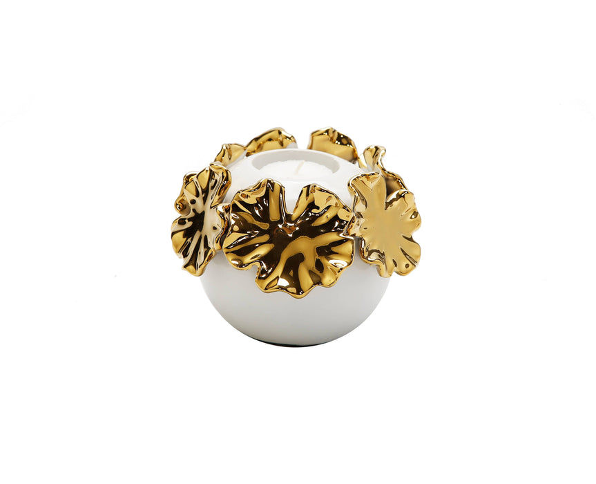 VIVIENCE - White Ceramic Candle Holder Gold Flower Design