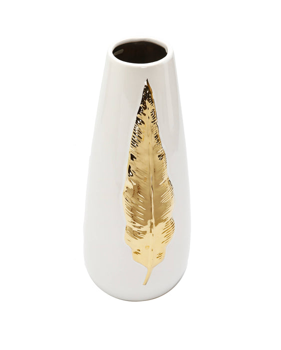 White Ceramic Tall Vase Gold Leaf Design: Large