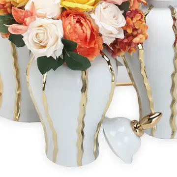 White Ginger Jars With Gold Stripes