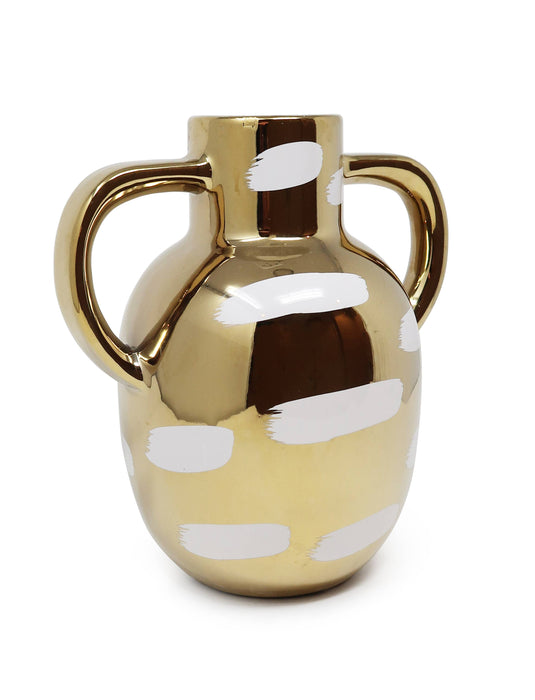 Gold Vase with White Brushstroke Design with Handles: Small