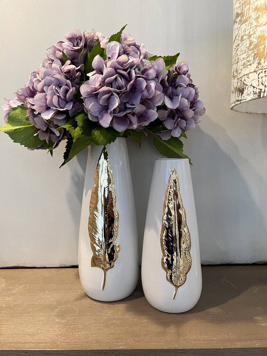 White Ceramic Tall Vase Gold Leaf Design: Large