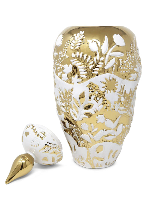 Ornate White and Gold Ginger Jar: Medium