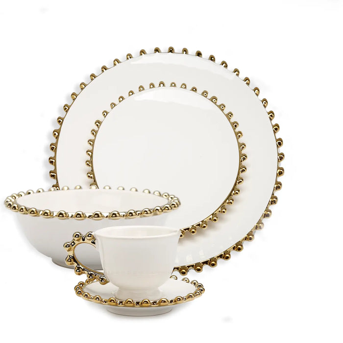 5 Piece White Dinner Set Gold Beaded Border