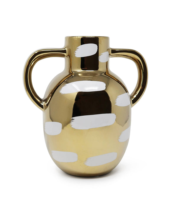 Gold Vase with White Brushstroke Design with Handles: Small