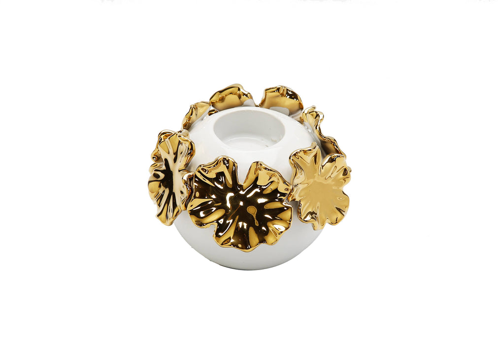 VIVIENCE - White Ceramic Candle Holder Gold Flower Design