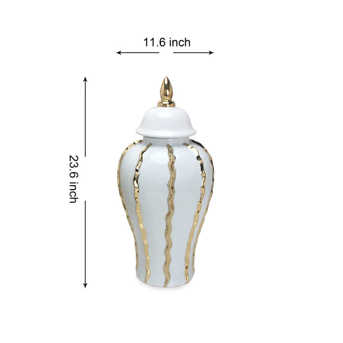 White Ginger Jars With Gold Stripes