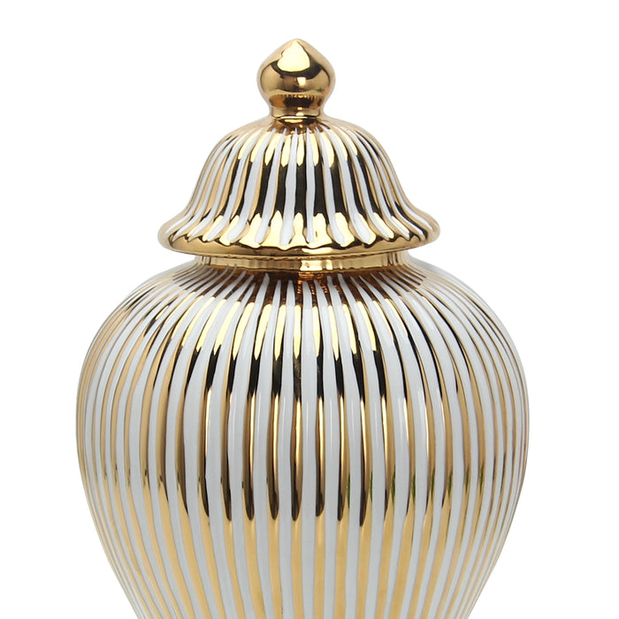 White Ceramic Ginger Jar Vase with Gold Accent