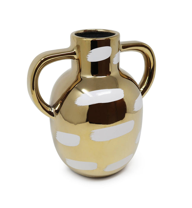 Gold Vase with White Brushstroke Design with Handles: Small