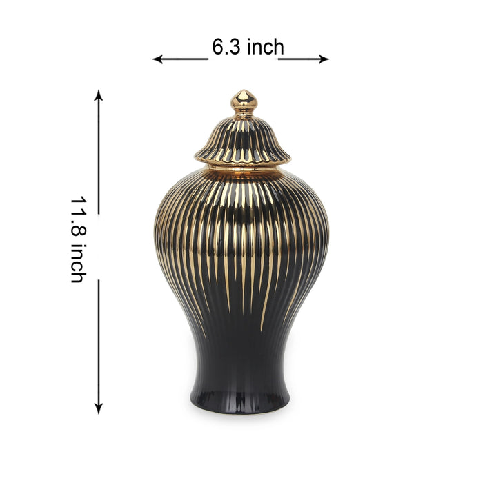 Black Ceramic Ginger Jar Vase with Gold Accent