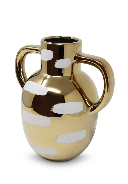 Gold Vase with White Brushstroke Design with Handles: Small