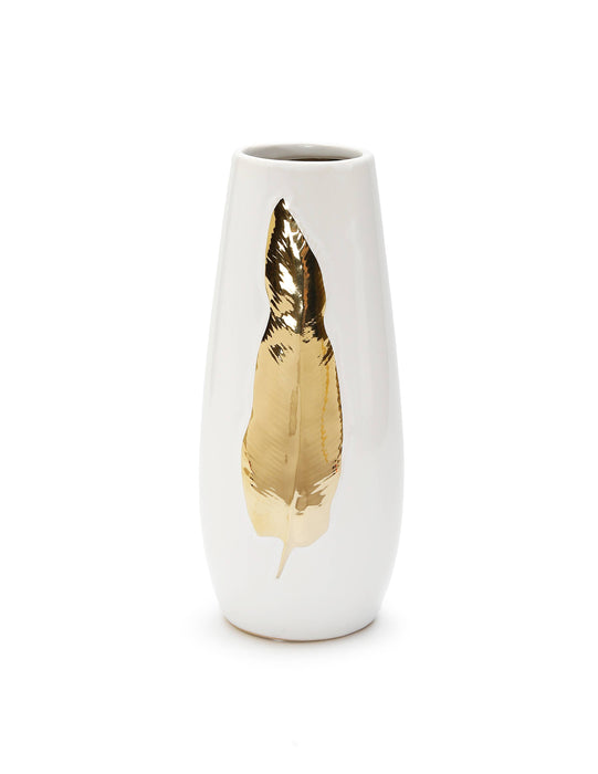 White Ceramic Tall Vase Gold Leaf Design: Large