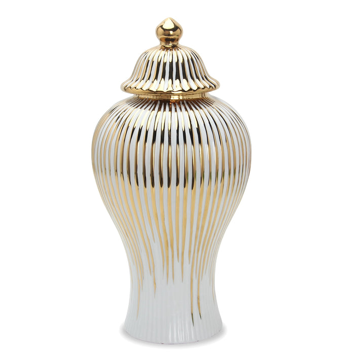 White Ceramic Ginger Jar Vase with Gold Accent