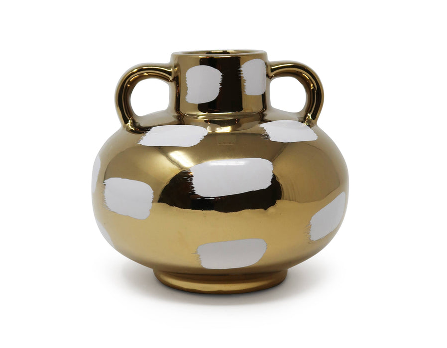 Gold Vase with White Brushstroke Design with Handles: Small