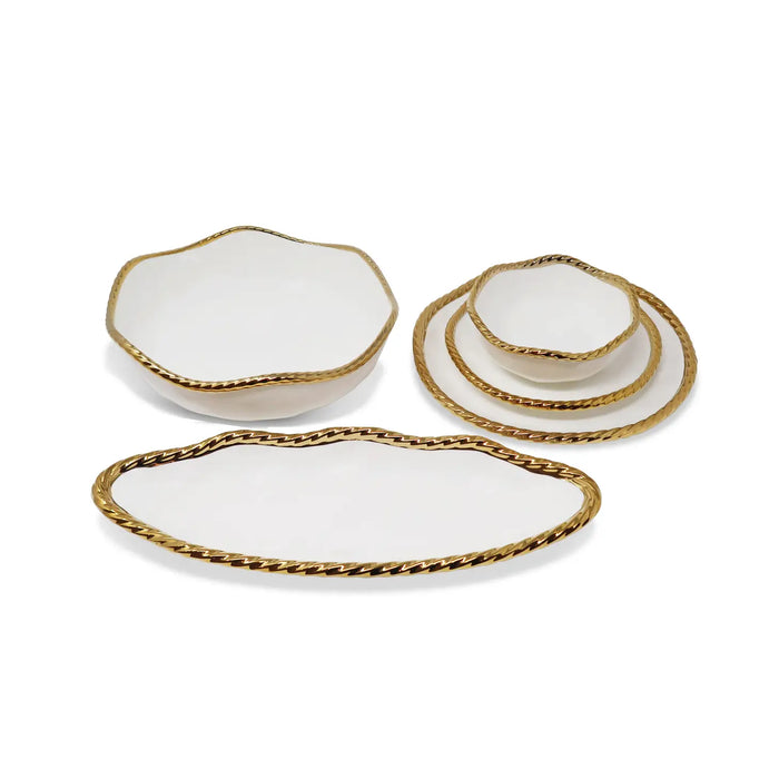 S/4 White Salad Plates New Bone China with Gold Rope Edged