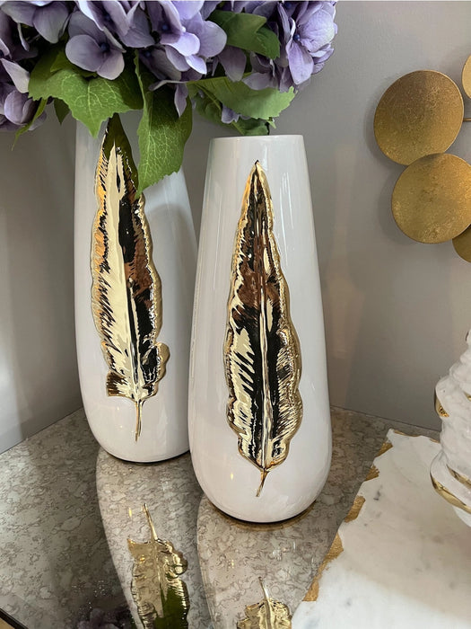 White Ceramic Tall Vase Gold Leaf Design