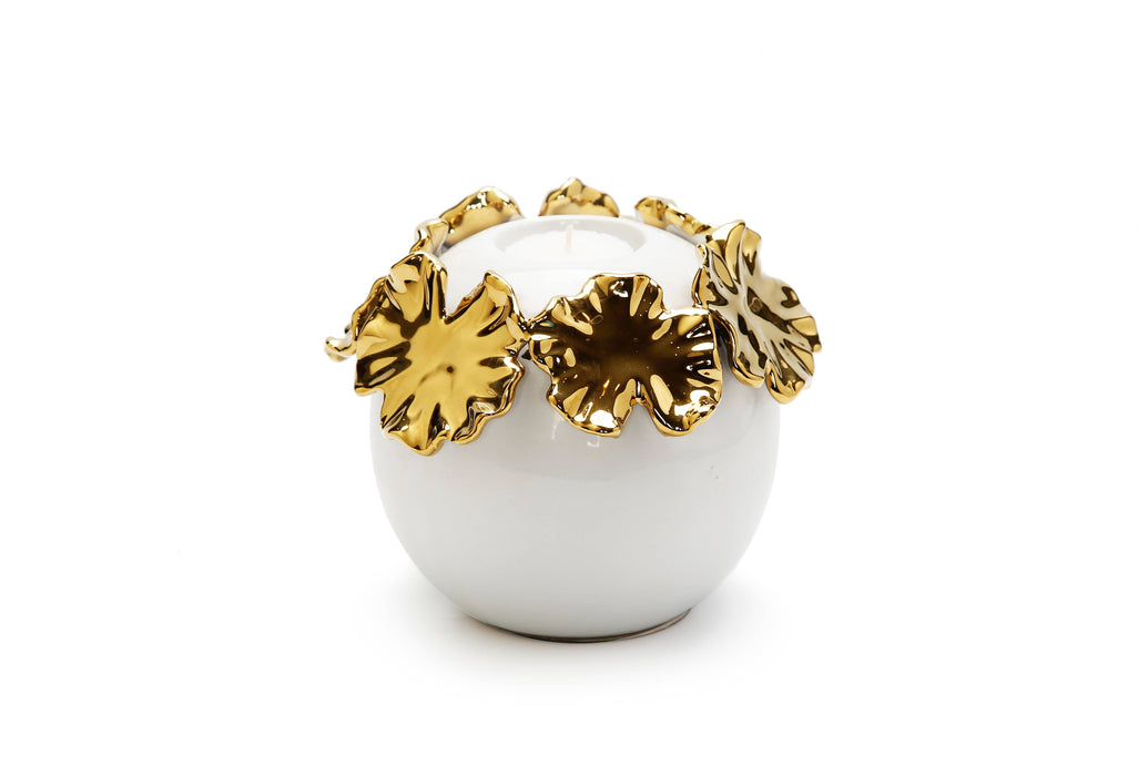 VIVIENCE - White Ceramic Candle Holder Gold Flower Design