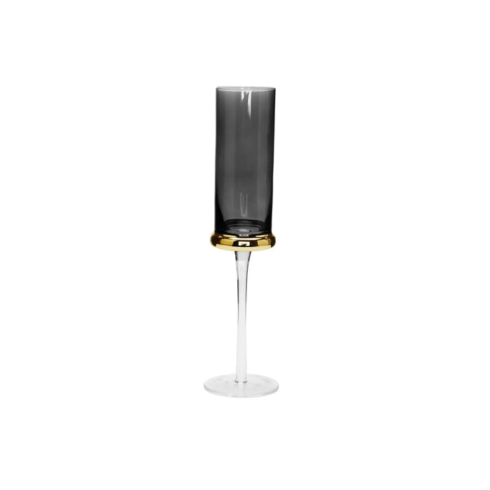 Set of 6 Flute Glasses Tinted Black with Gold Band