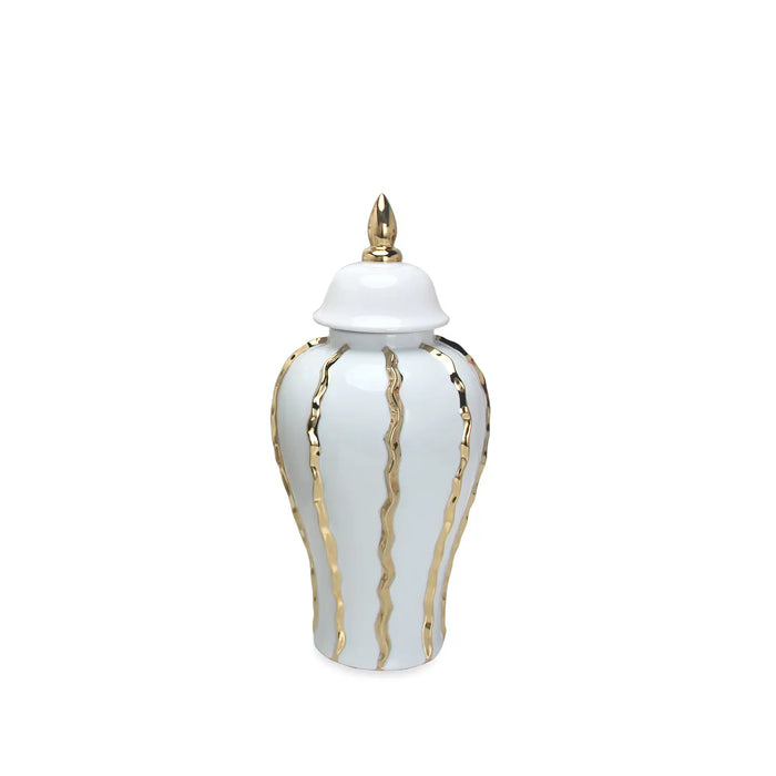 White Ginger Jars With Gold Stripes