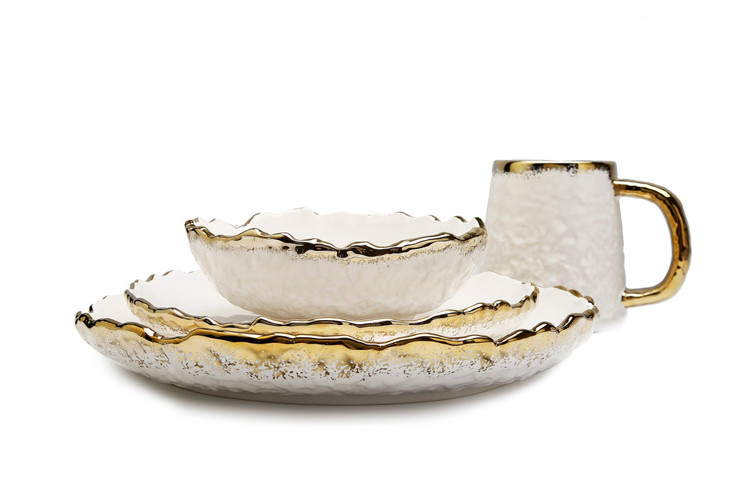 4 Piece White Dinner Set Speckled Gold Design