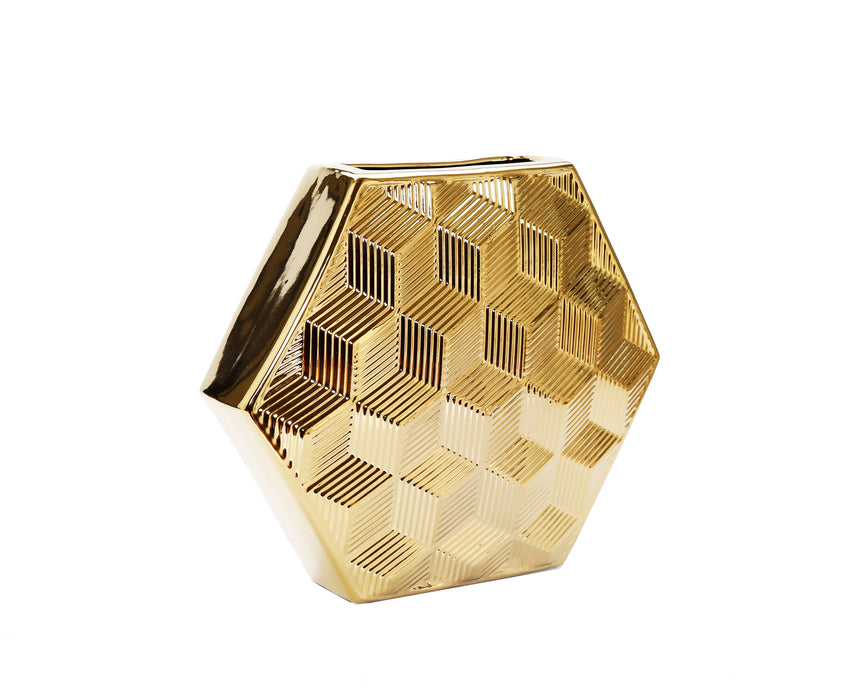 VIVIENCE - 12.5"H Gold Hexagon Shaped Vase