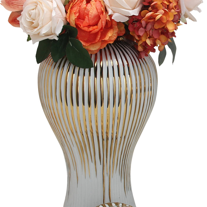 White Ceramic Ginger Jar Vase with Gold Accent