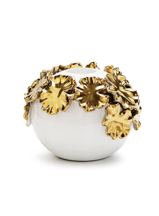 VIVIENCE - White Ceramic Candle Holder Gold Flower Design