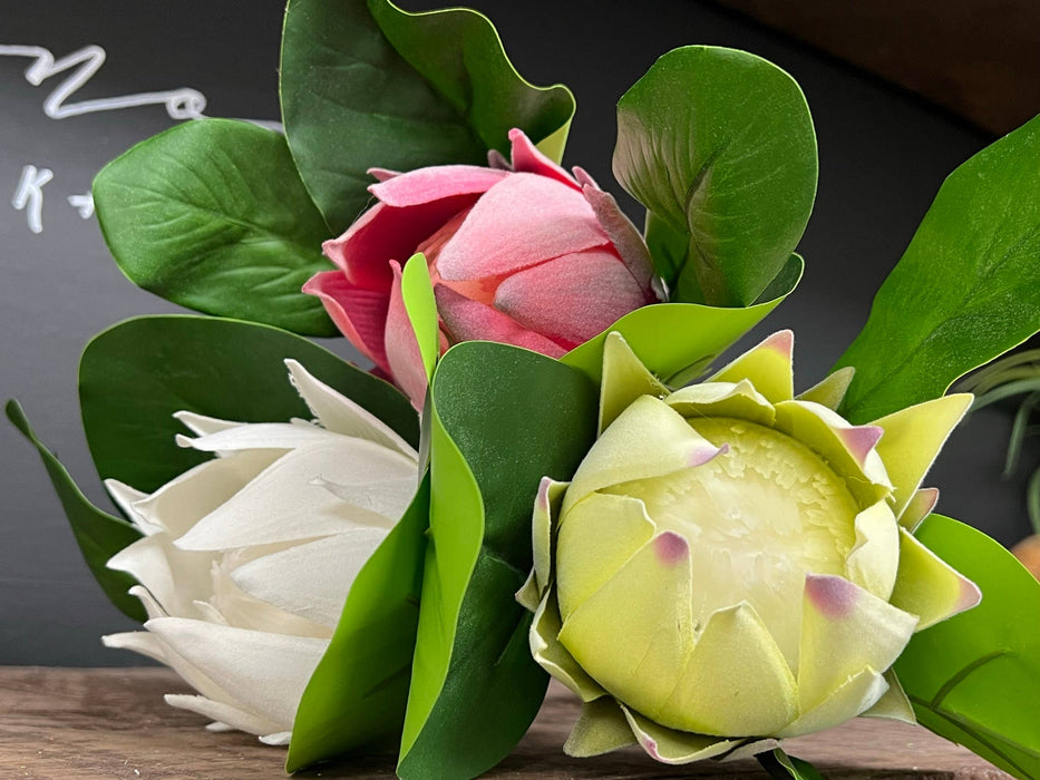 21"Quality Artificial King Protea Cynaroides-real touch leaf: Natural White