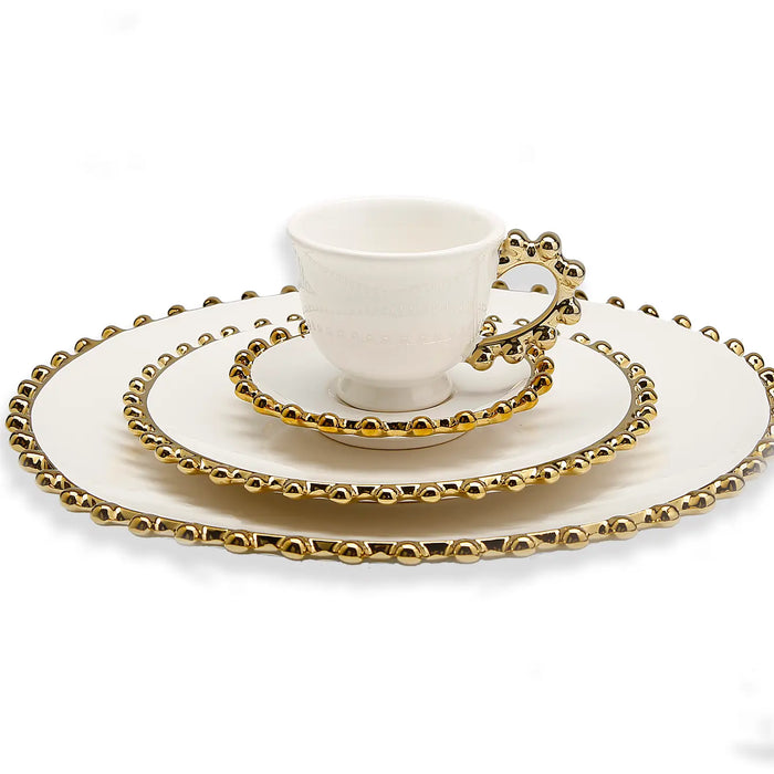 5 Piece White Dinner Set Gold Beaded Border