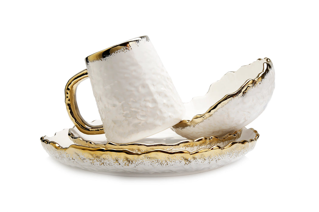 4 Piece White Dinner Set Speckled Gold Design