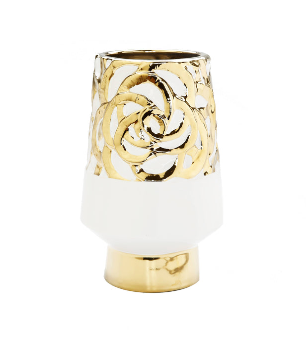11"H White Ceramic Vase with Gold Design